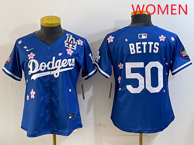 Women Los Angeles Dodgers #50 Betts Blue Sakura Edition 2025 Nike MLB Jersey style 4